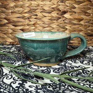 NEW Hand Made Coffee Mug Cup Artist Signed Blue Green Cream Stoneware Mug Cup